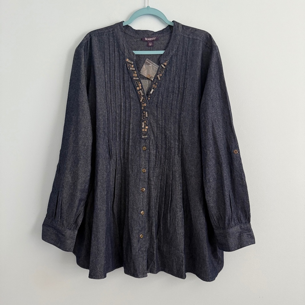 ROAMAN'S® Women’s Plus Long Sleeve Denim Cotton Beaded Blouse Size 26 W - Picture 1 of 10